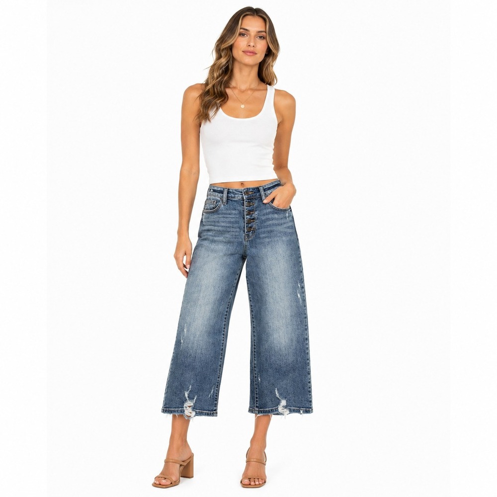 Judy Blue JB82509MD Jeans Womens 7/28 Wide Leg Crop Distressed Button Fly 24in